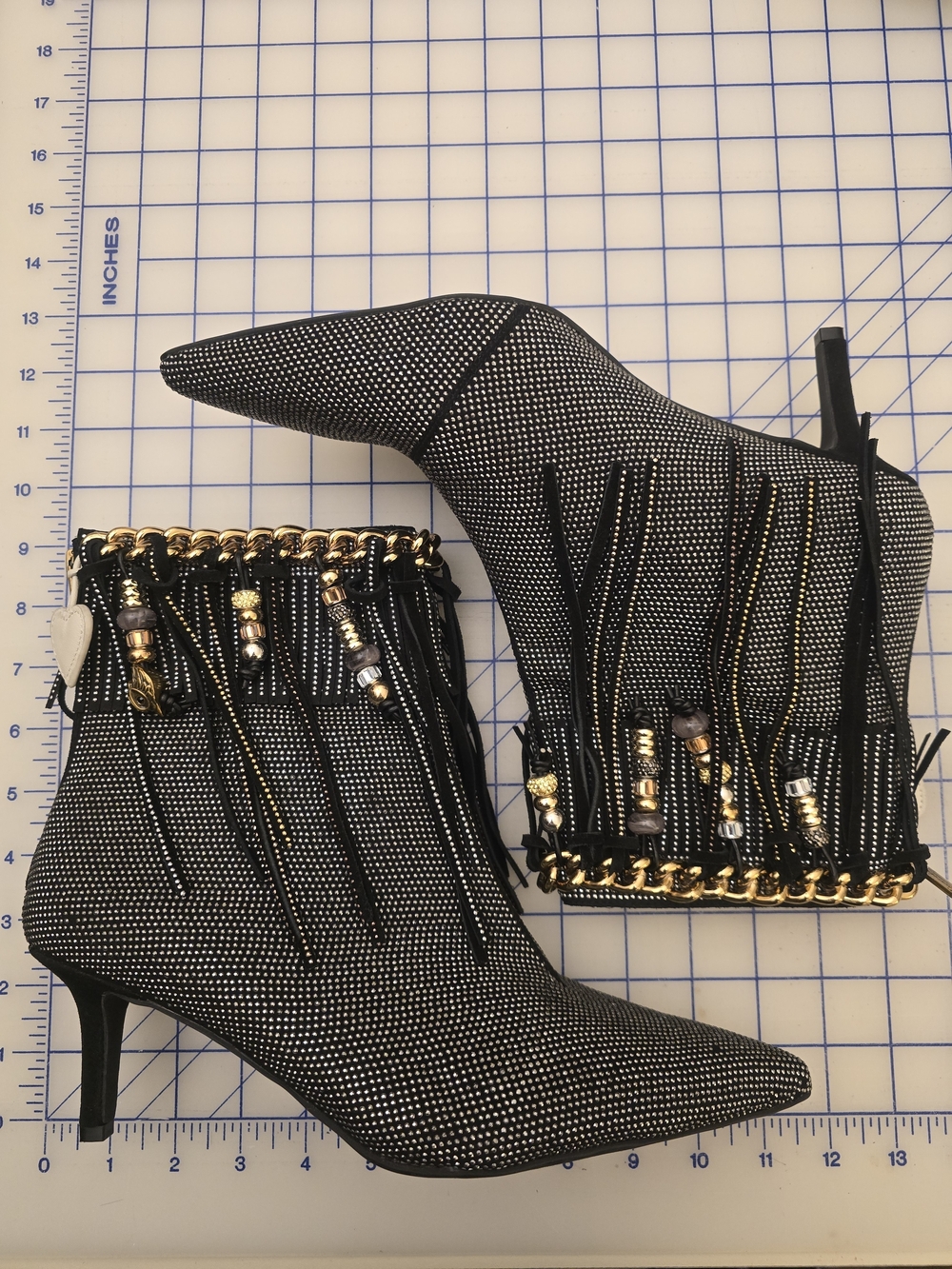 Kurt Geiger Black Rhinestone Fringe Ankle Boots with Gold Chain